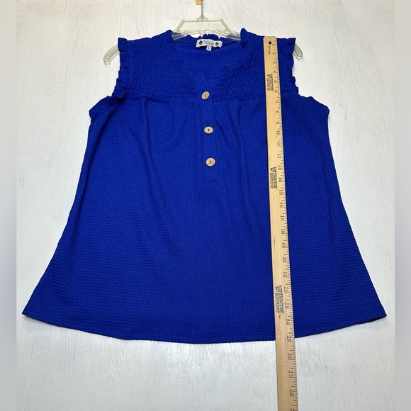 Wilde Royal Blue Sleeveless Smocked Henley Top L Ruffle Trim Button Front - Picture 5 of 8
